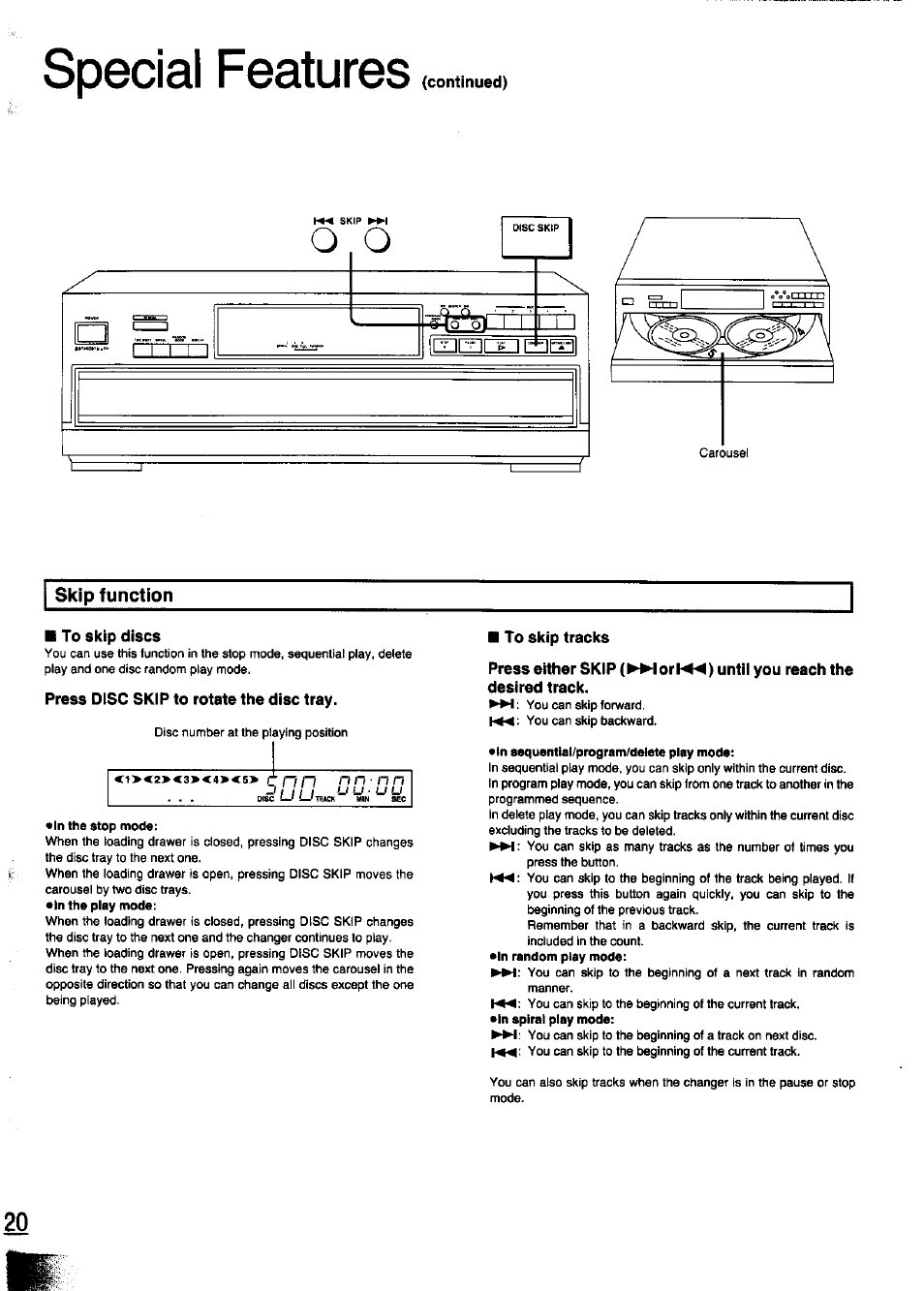 Skip function, To skip discs, To skip tracks | Special features | Panasonic SL-PD347 User Manual | Page 20 / 24