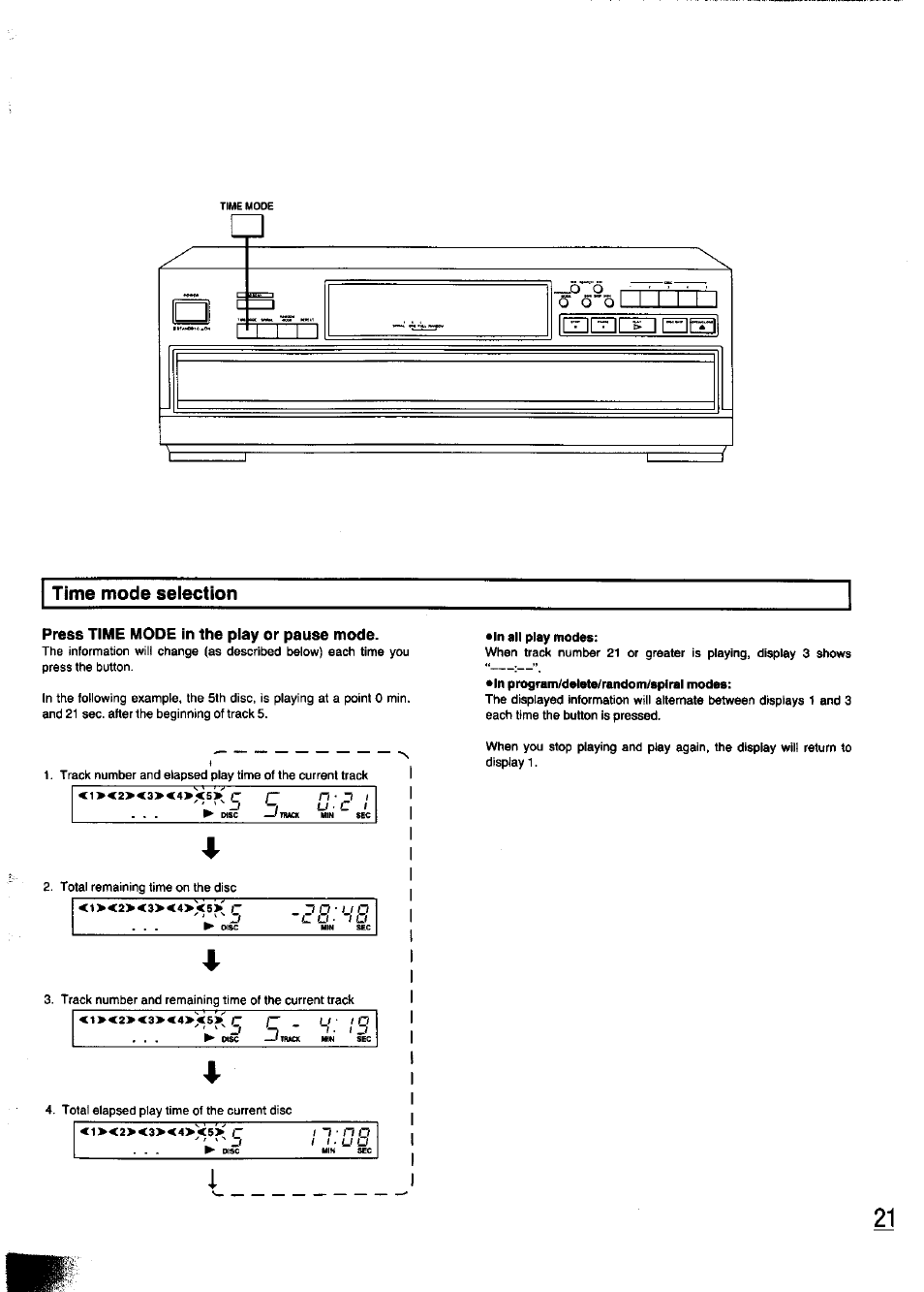 Time mode selection, Press time mode in the play or pause mode | Panasonic SL-PD347 User Manual | Page 21 / 24