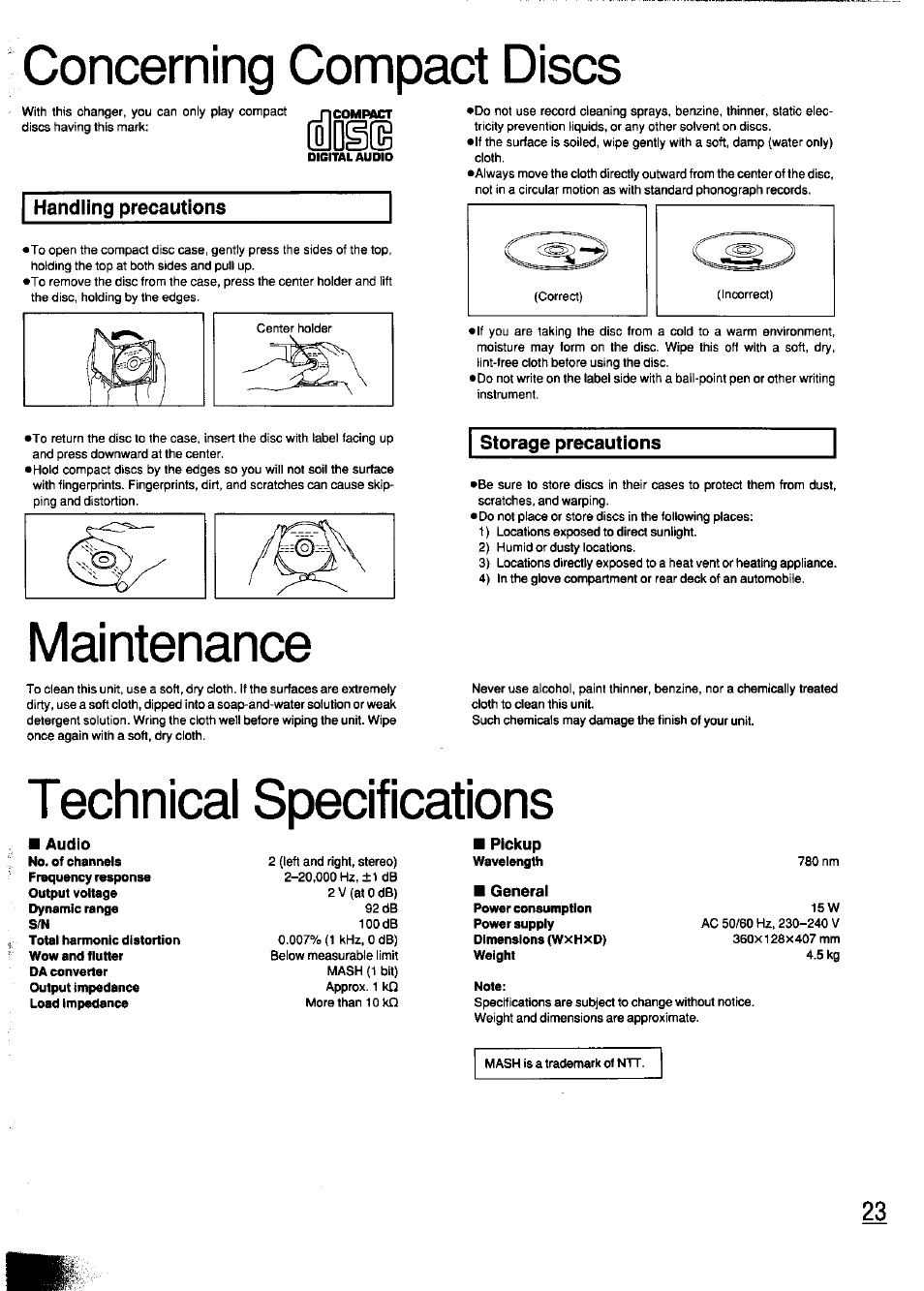 Flog, Handling precautions, Storage precautions | Concerning compact discs, Maintenance, Technical specifications | Panasonic SL-PD347 User Manual | Page 23 / 24