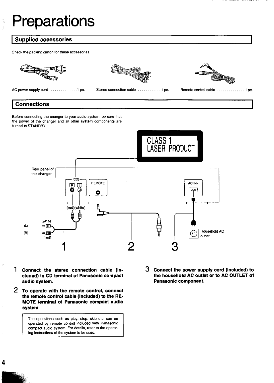 Supplied accessories, Connections, Preparations | Panasonic SL-PD347 User Manual | Page 4 / 24