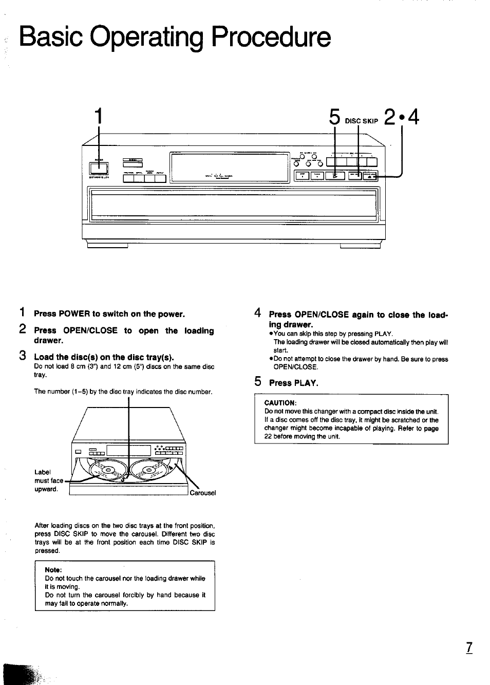 1 press power to switch on the power, 2 press open/close to open the loading drawer, 3 load the disc(s) on the disc tray(s) | 5 press play, Basic operating procedure | Panasonic SL-PD347 User Manual | Page 7 / 24