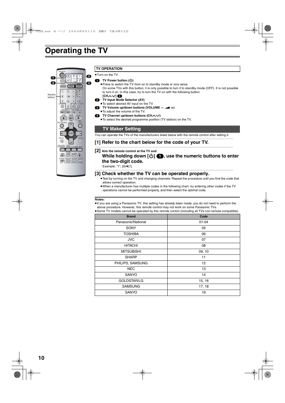 Operating the tv, Tv maker setting, 3] check whether the tv can be operated properly | Panasonic NV-VP32 User Manual | Page 10 / 48