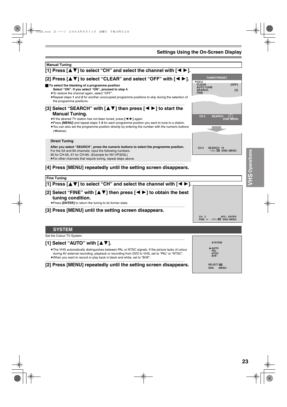 System, Operations, Settings using the on-screen display | 1] select “auto” with [ 34 | Panasonic NV-VP32 User Manual | Page 23 / 48