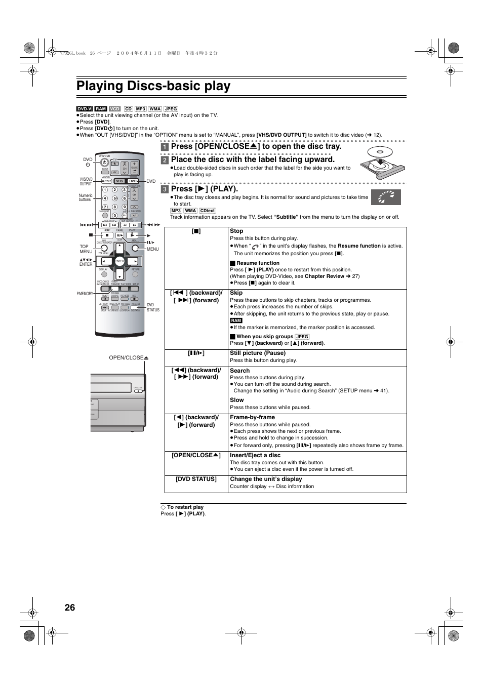 Playing discs-basic play, 3] press [ 1 ] (play) | Panasonic NV-VP32 User Manual | Page 26 / 48