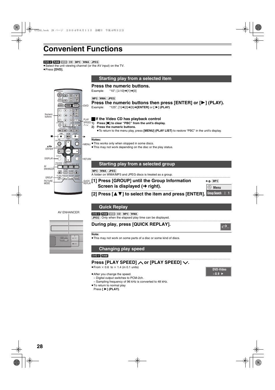 Convenient functions, Press the numeric buttons, During play, press [quick replay | Press [play speed] j, Or [play speed] i, ª if the video cd has playback control | Panasonic NV-VP32 User Manual | Page 28 / 48