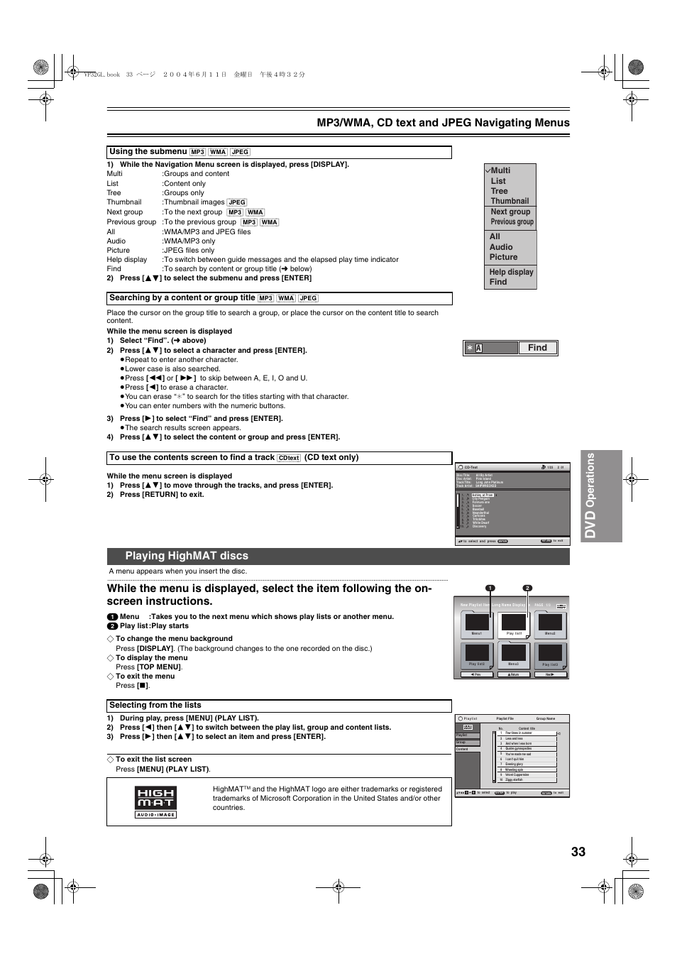 Playing highmat discs, Dv d, Find | Panasonic NV-VP32 User Manual | Page 33 / 48