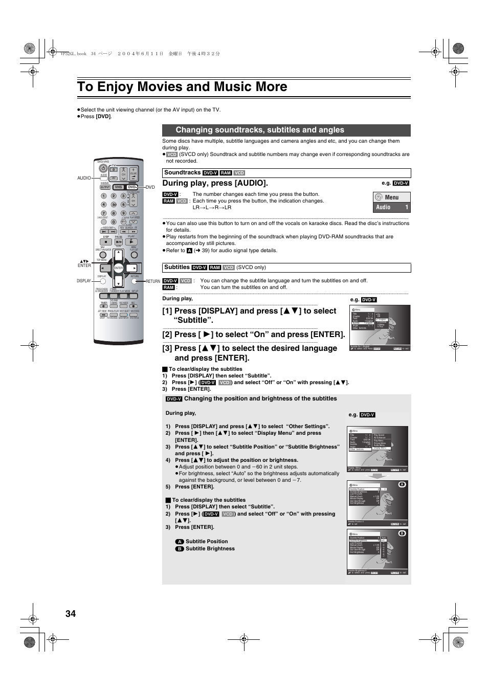 To enjoy movies and music more, Changing soundtracks, subtitles and angles, During play, press [audio | 2] press [ 1 ] to select “on” and press [enter, Soundtracks, Subtitles, Menu audio 1 | Panasonic NV-VP32 User Manual | Page 34 / 48