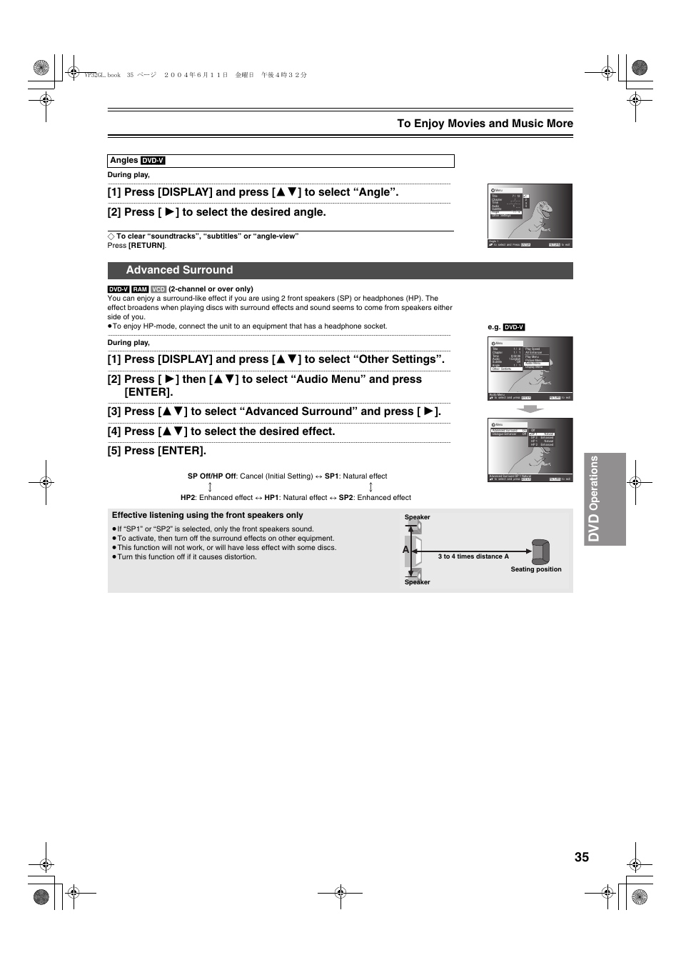 Advanced surround, L 35), Dv d | Operations to enjoy movies and music more, 2] press [ 1 ] to select the desired angle, 4] press [ 34 ] to select the desired effect, 5] press [enter, Angles [dvd-v, Effective listening using the front speakers only | Panasonic NV-VP32 User Manual | Page 35 / 48