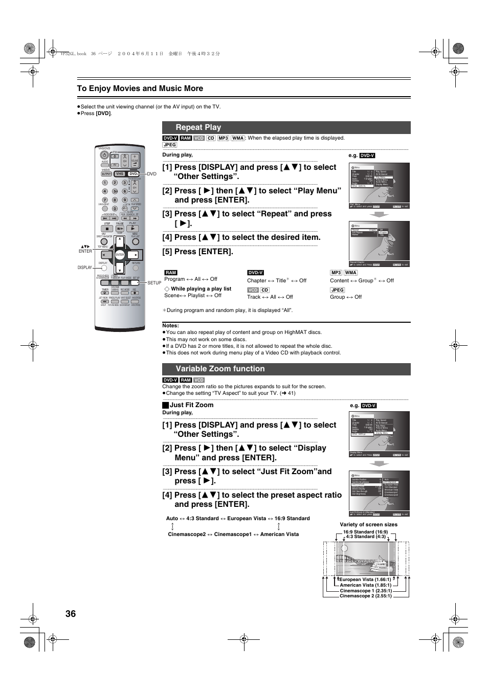Repeat play variable zoom function, 3] press [ 34 ] to select “repeat” and press [ 1, 4] press [ 34 ] to select the desired item | 5] press [enter, Repeat play, Variable zoom function, ª just fit zoom | Panasonic NV-VP32 User Manual | Page 36 / 48