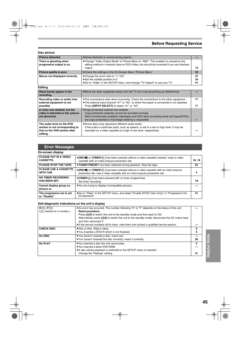 Error messages, Helpful hints, Before requesting service | Panasonic NV-VP32 User Manual | Page 45 / 48
