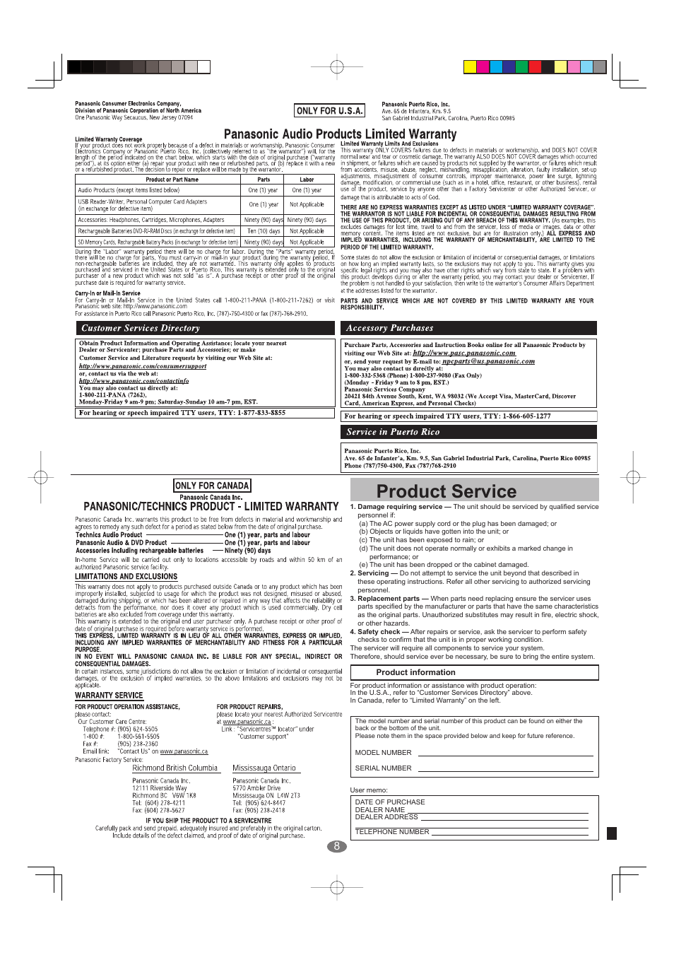 Product service | Panasonic SC-EN27 User Manual | Page 8 / 8