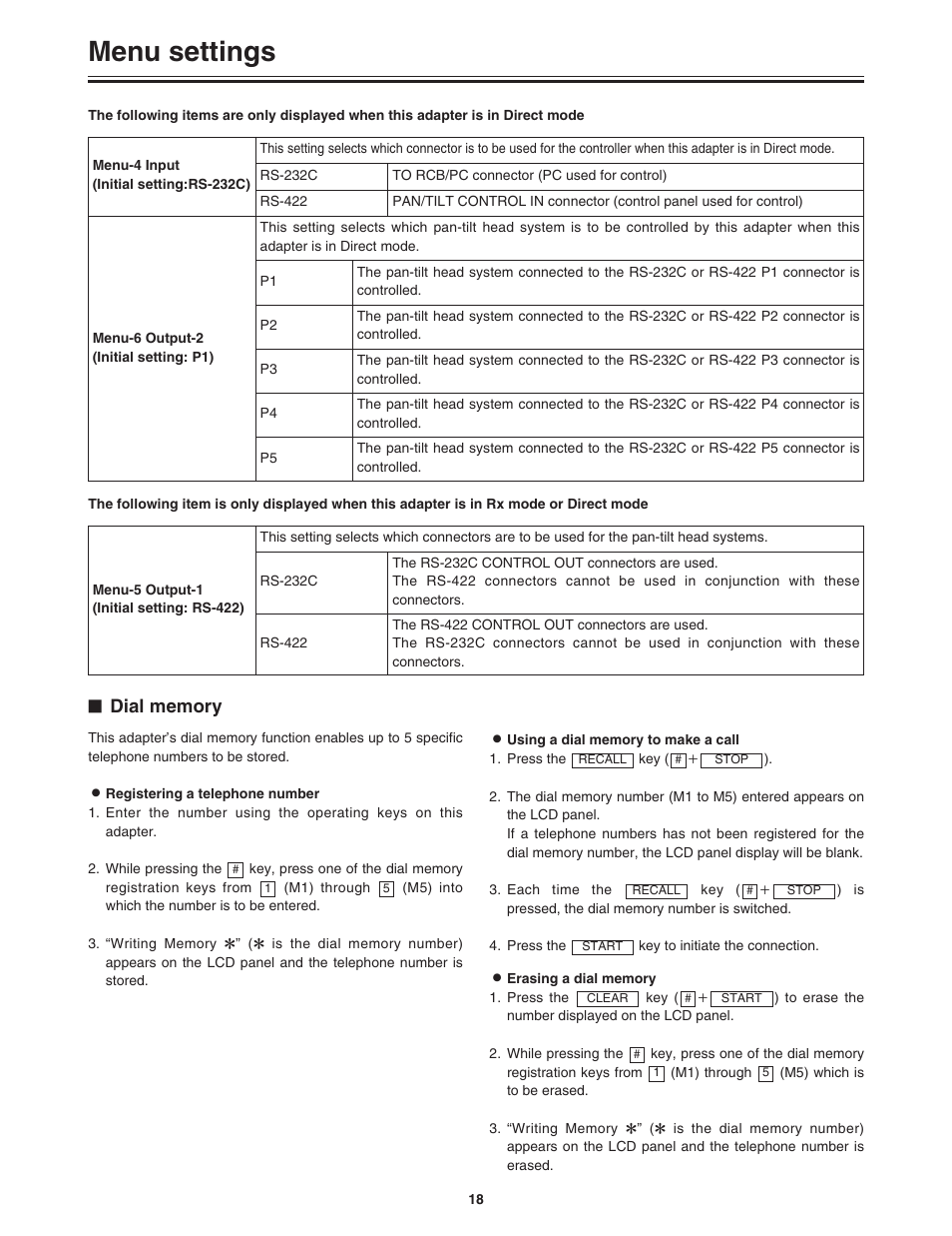 Menu settings | Panasonic AW-DU600 User Manual | Page 18 / 24