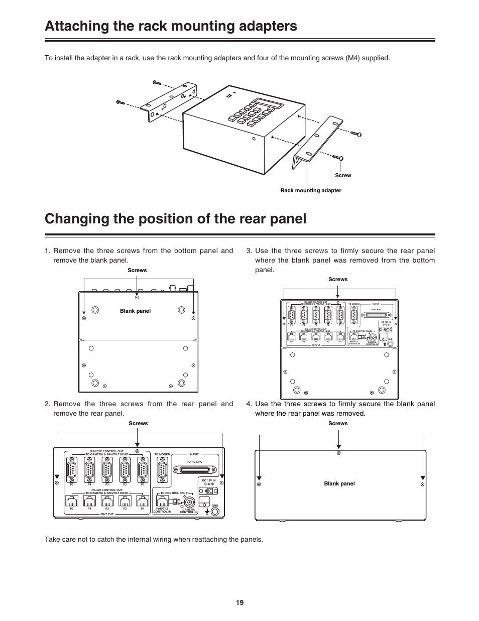 Attaching the rack mounting adapters, Changing the position of the rear panel | Panasonic AW-DU600 User Manual | Page 19 / 24