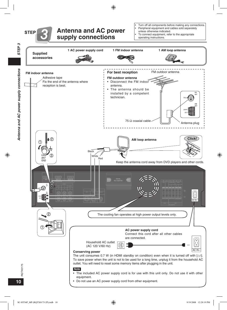 Step 3 antenna and ac power supply connections, Antenna and ac power supply connections | Panasonic SCHT56 User Manual | Page 10 / 24