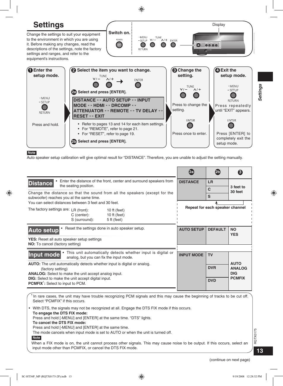 Settings, Distance, Auto setup | Input mode | Panasonic SCHT56 User Manual | Page 13 / 24