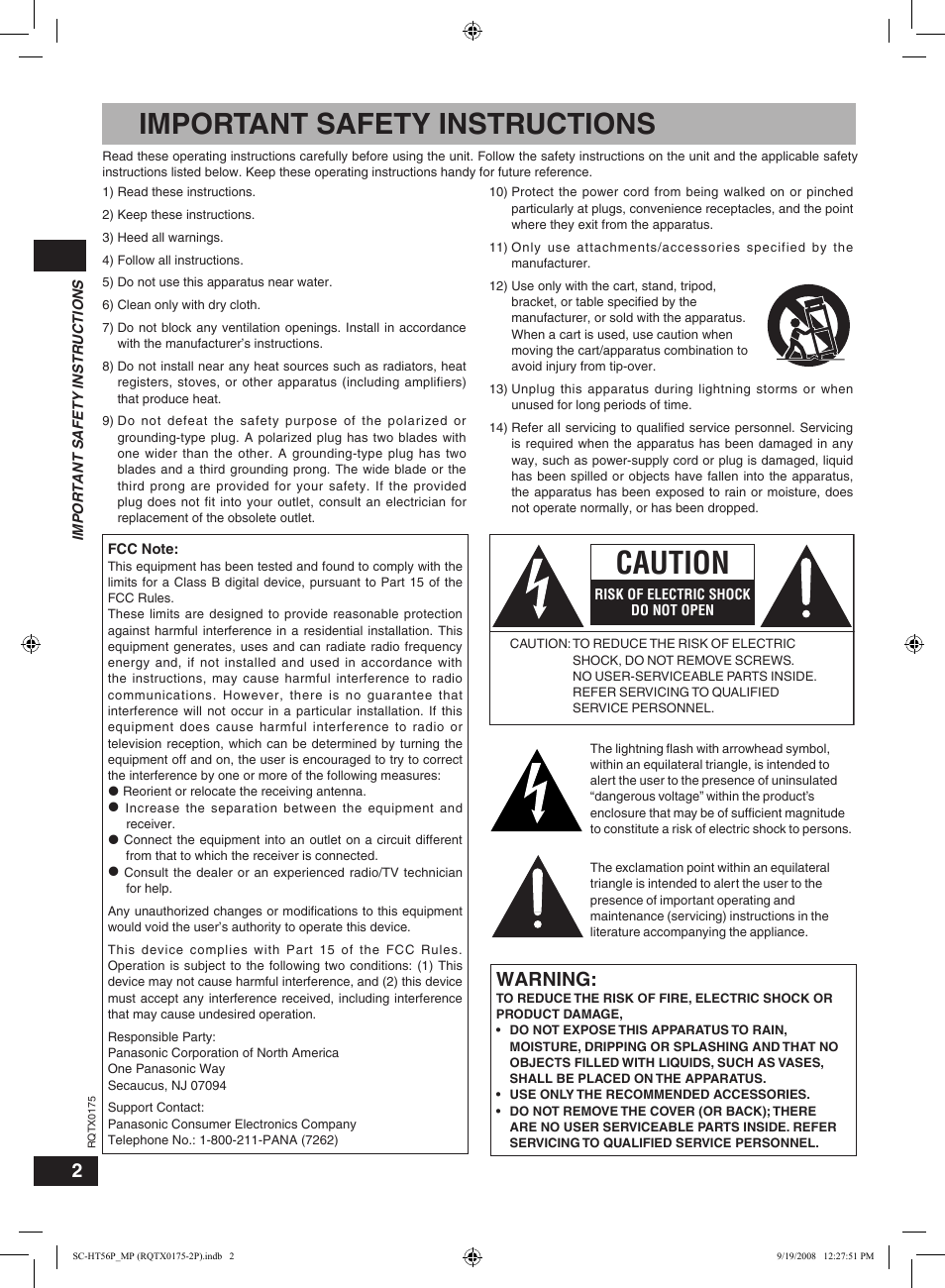 Before use, Important safety instructions, Caution | Warning | Panasonic SCHT56 User Manual | Page 2 / 24