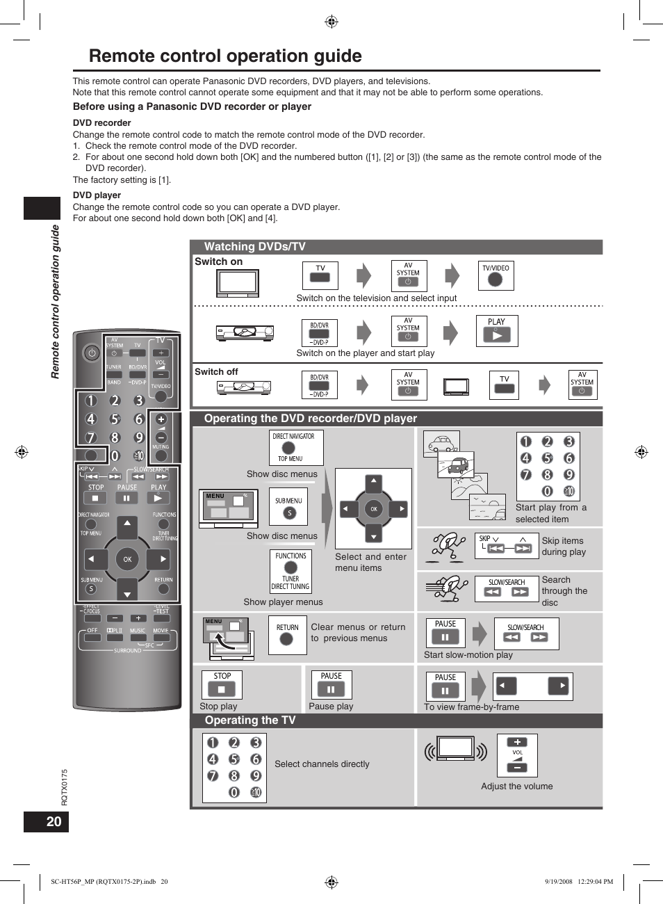 Remote control operation guide | Panasonic SCHT56 User Manual | Page 20 / 24