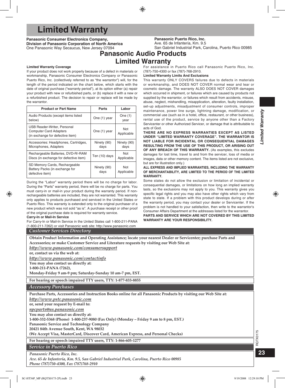 Limited warranty, Panasonic audio products limited warranty | Panasonic SCHT56 User Manual | Page 23 / 24