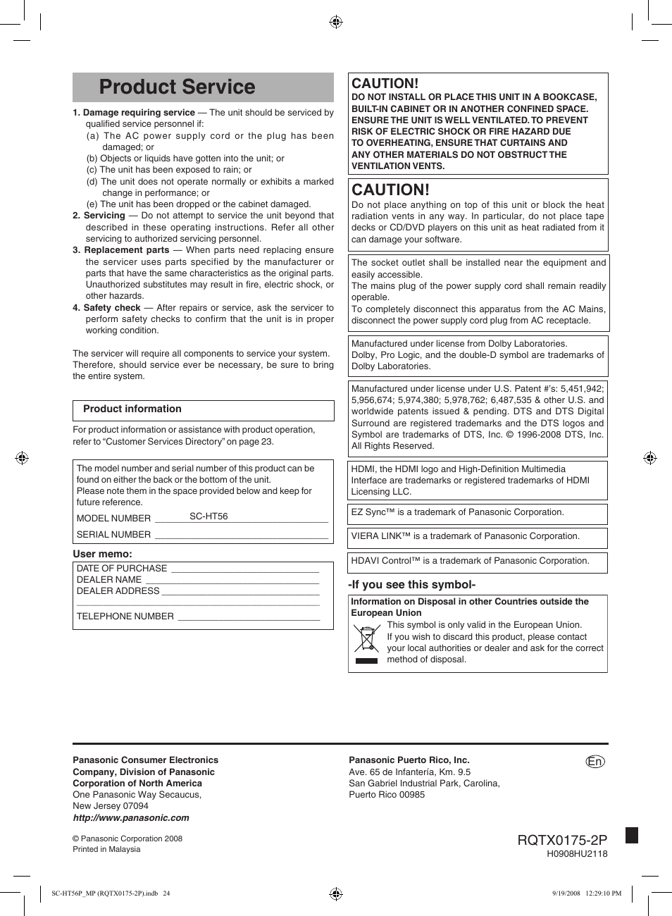 Product service, Caution | Panasonic SCHT56 User Manual | Page 24 / 24