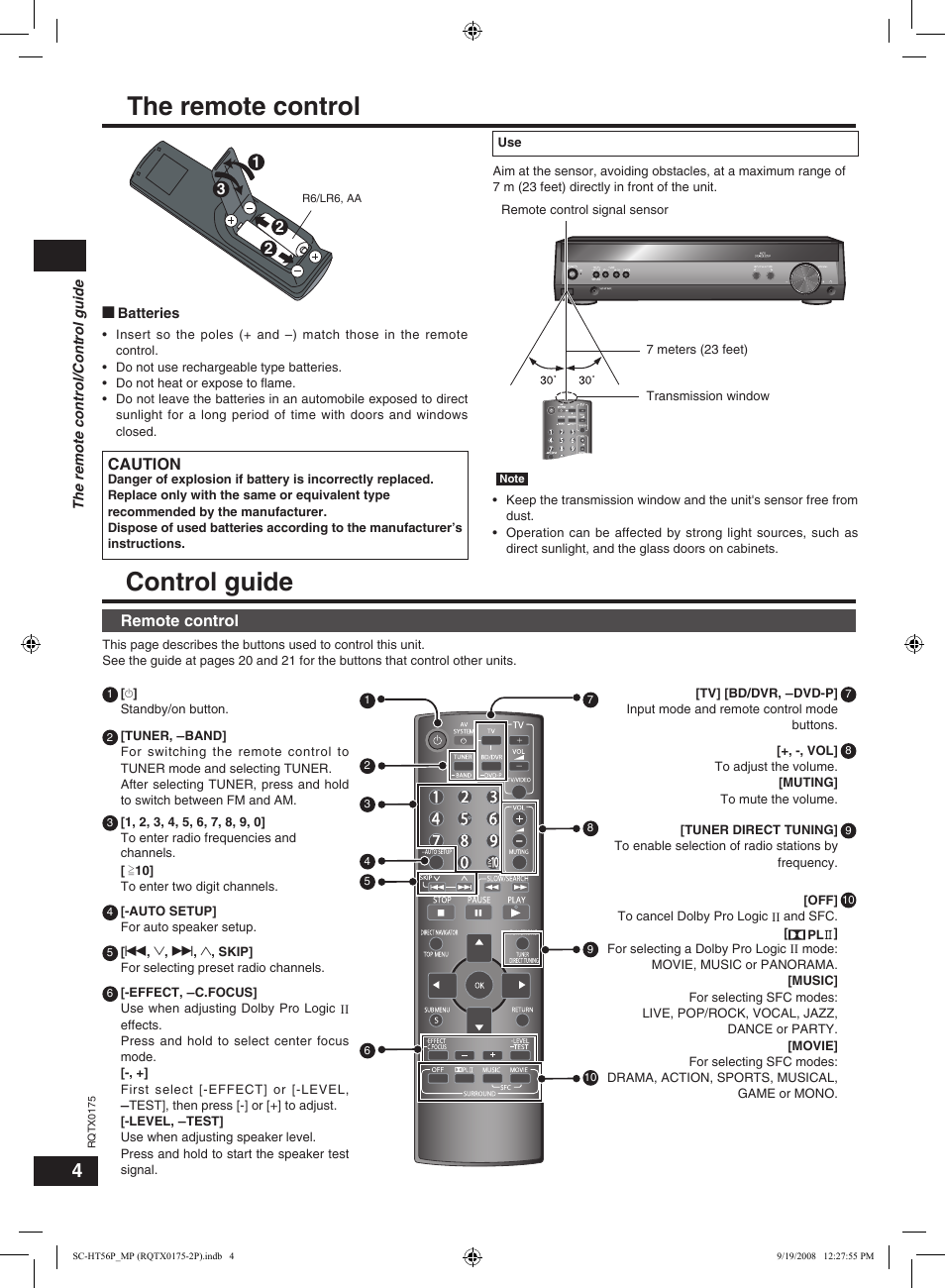 The remote control, Control guide, The remote control control guide | Panasonic SCHT56 User Manual | Page 4 / 24