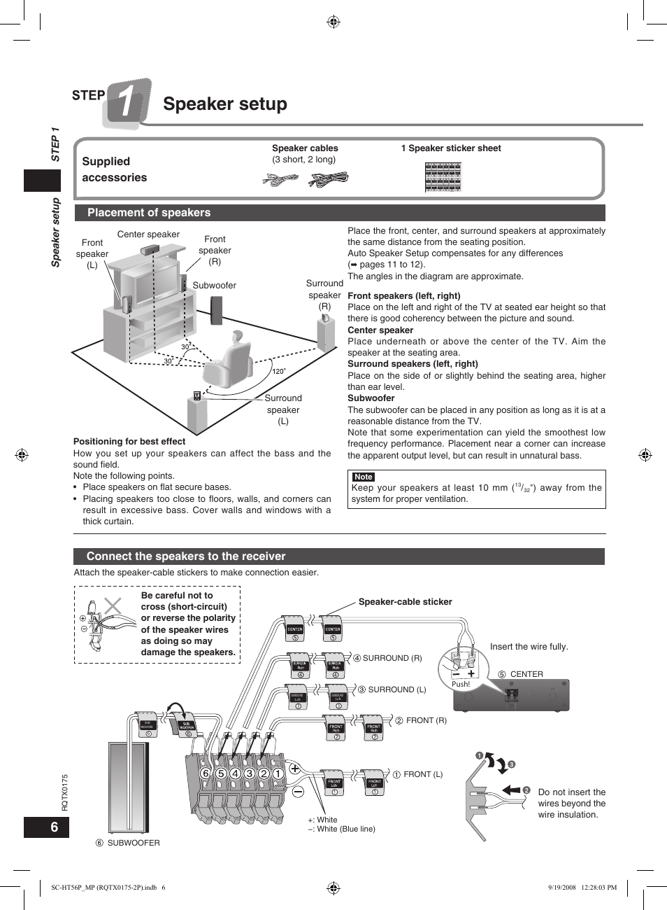 Step 1 speaker setup, Speaker setup, Supplied accessories | Placement of speakers, Connect the speakers to the receiver | Panasonic SCHT56 User Manual | Page 6 / 24