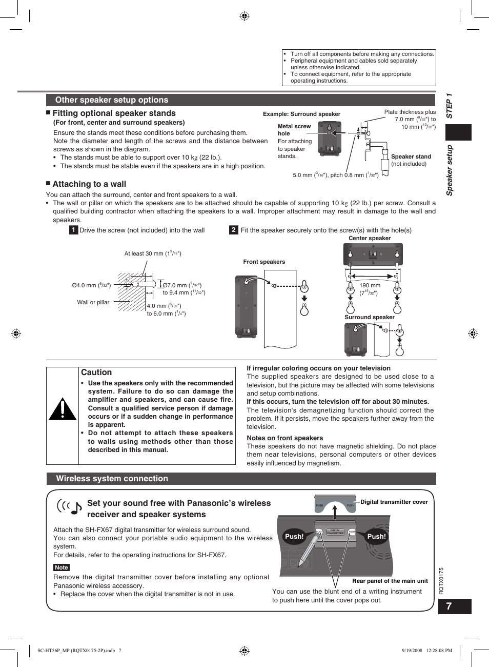 Wireless system connection, Other speaker setup options, Fitting optional speaker stands | Attaching to a wall, Caution, Step 1 speaker setup | Panasonic SCHT56 User Manual | Page 7 / 24