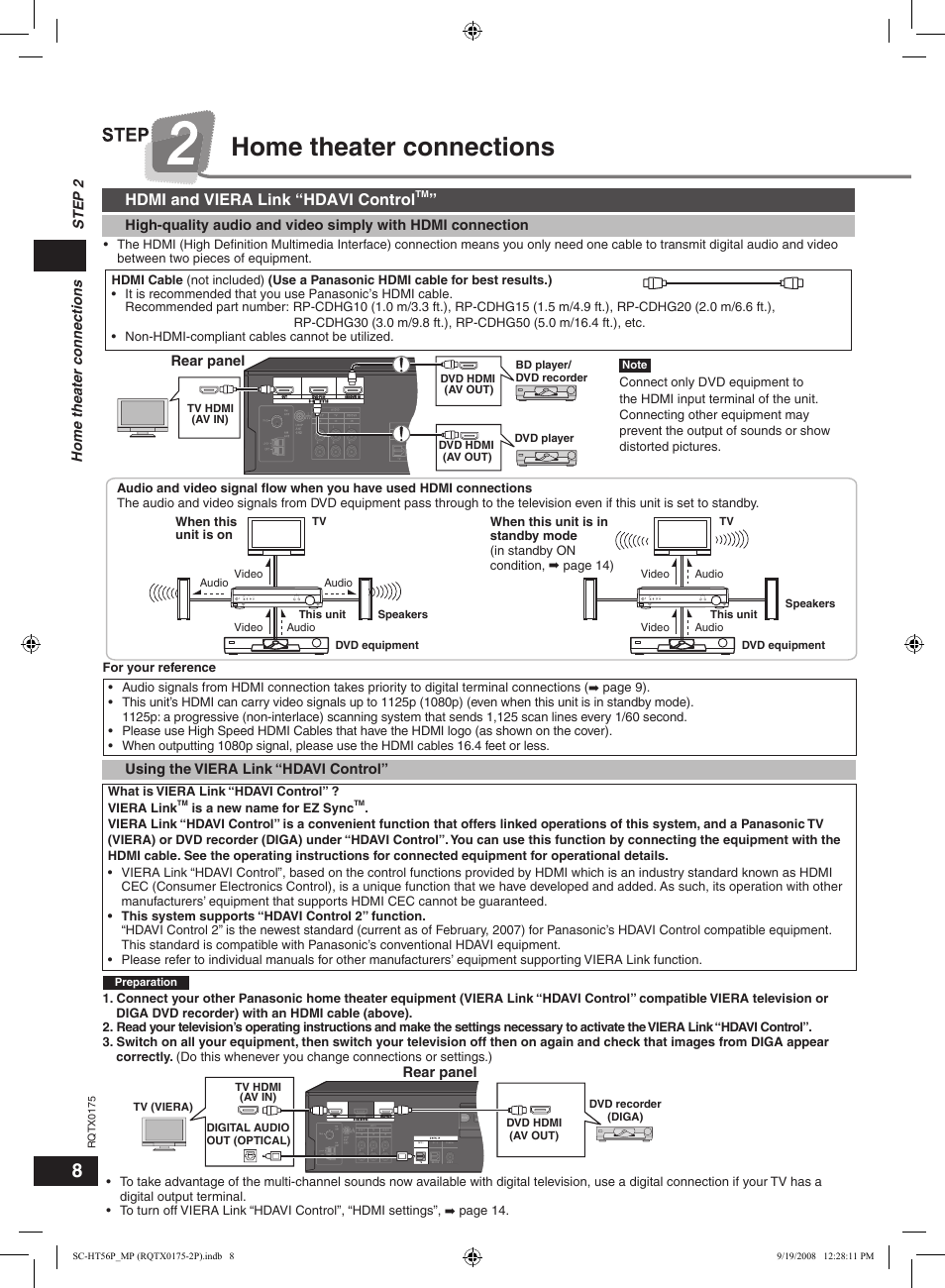 Step 2 home theater connections, Home theater connections, Hdmi and viera link “hdavi control | Panasonic SCHT56 User Manual | Page 8 / 24
