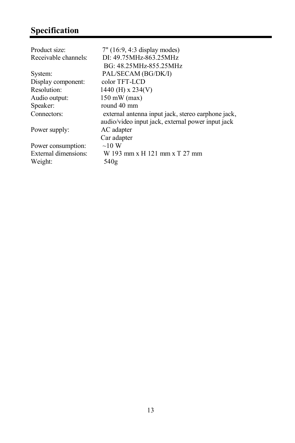 Specification | Hyundai H-LCD702 User Manual | Page 13 / 26