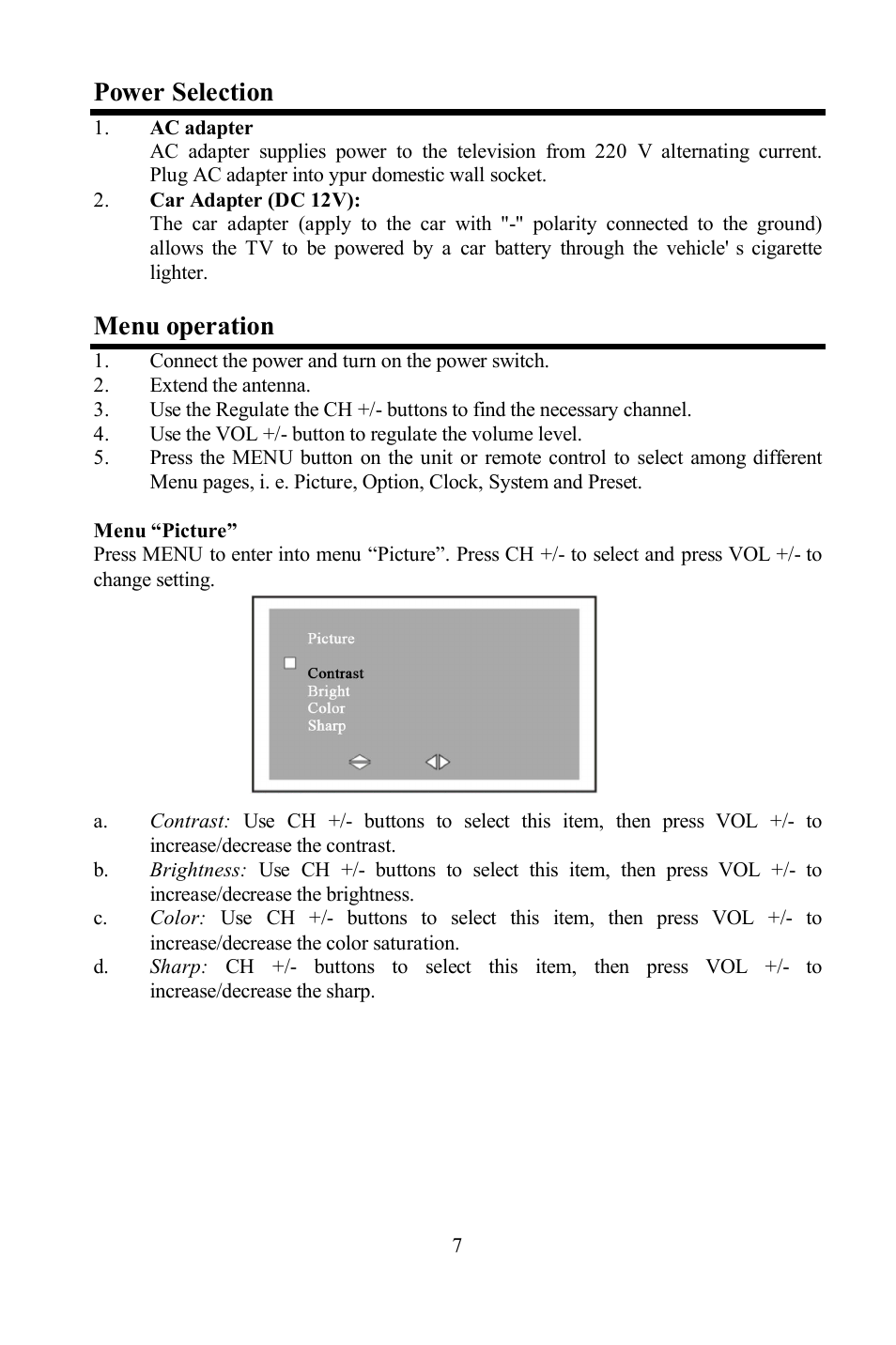 Power selection, Menu operation | Hyundai H-LCD702 User Manual | Page 7 / 26