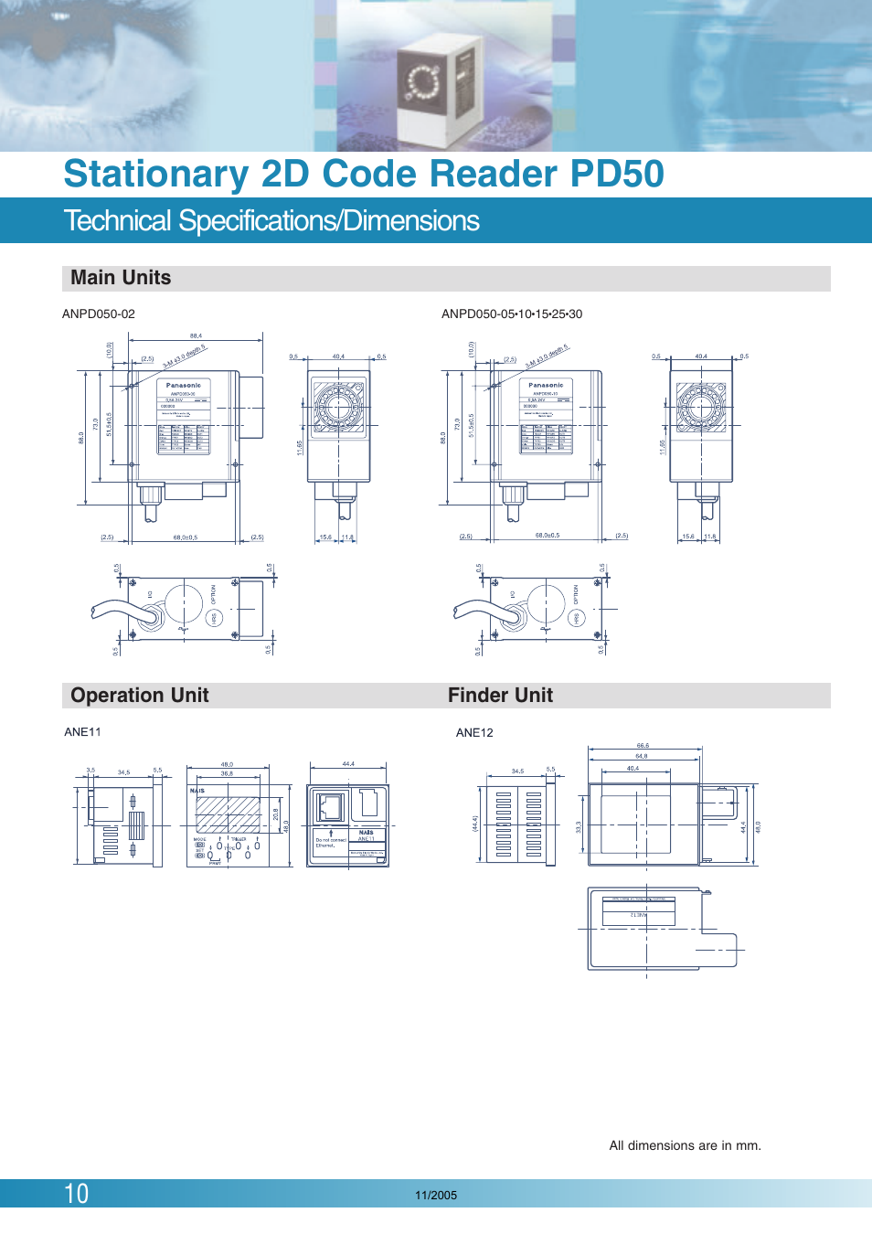 Stationary 2d code reader pd50, Technical specifications/dimensions, Main units | Operation unit finder unit | Panasonic PD50 User Manual | Page 10 / 12