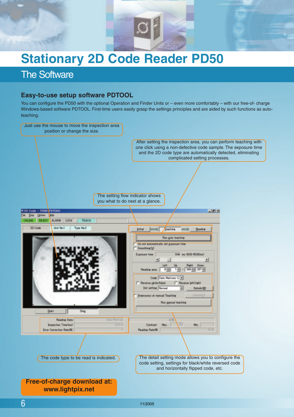 Stationary 2d code reader pd50, The software | Panasonic PD50 User Manual | Page 6 / 12