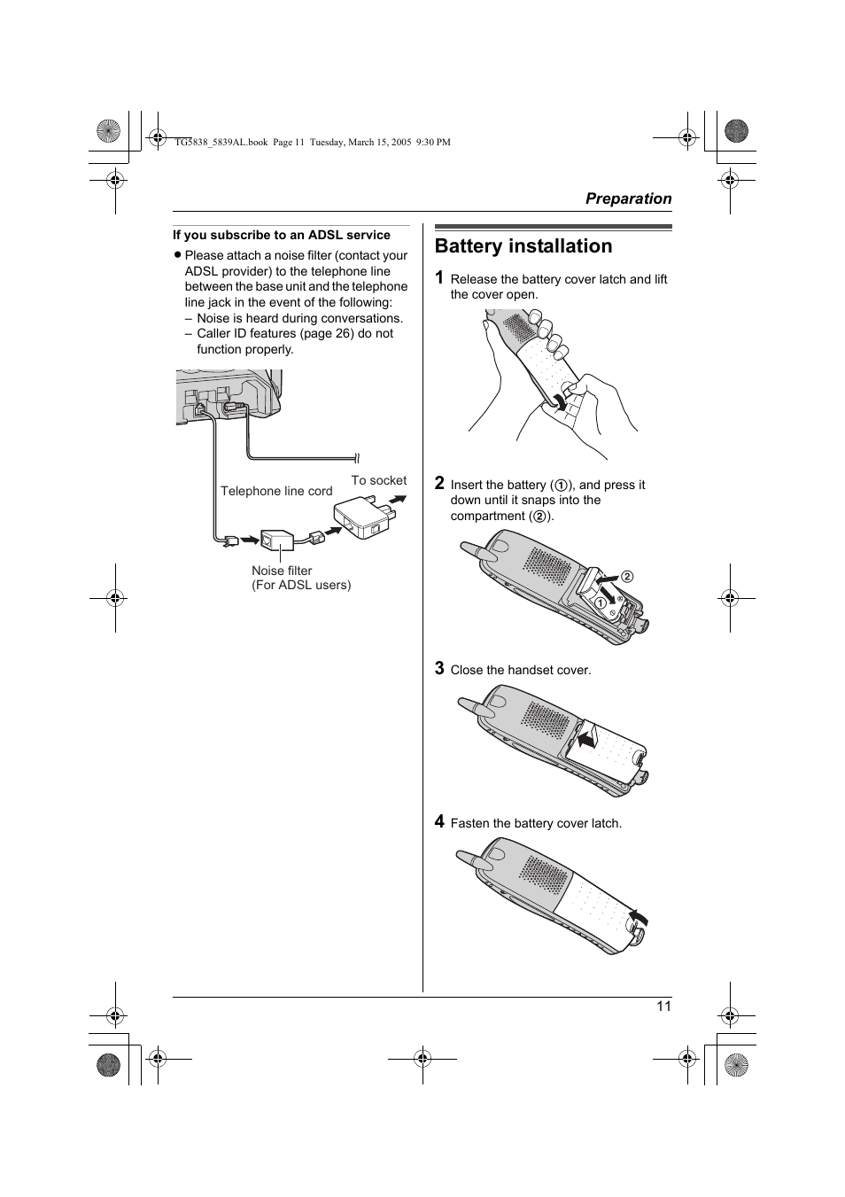 Battery installation | Panasonic KX-TG5839AL User Manual | Page 11 / 68