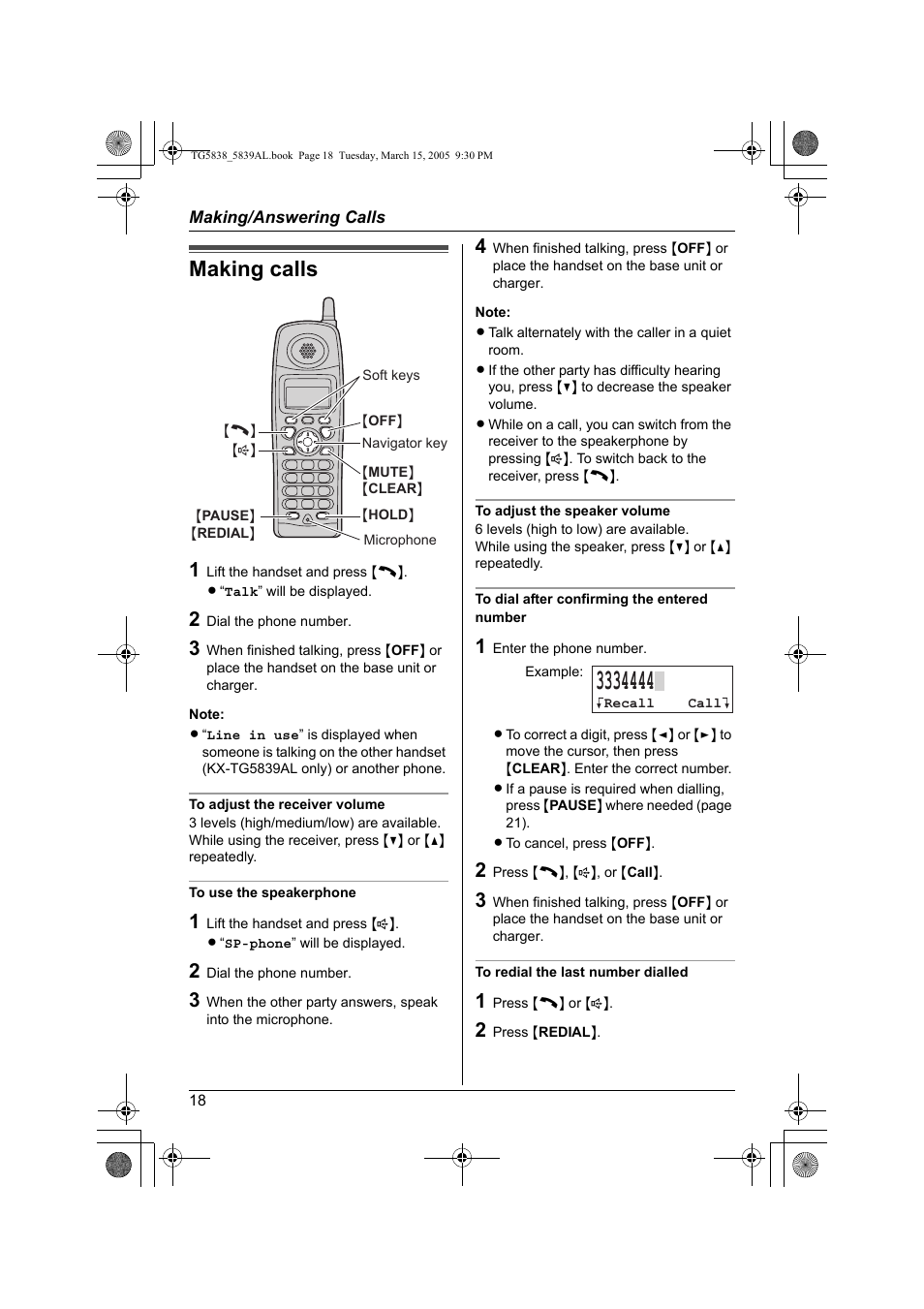 Making calls | Panasonic KX-TG5839AL User Manual | Page 18 / 68