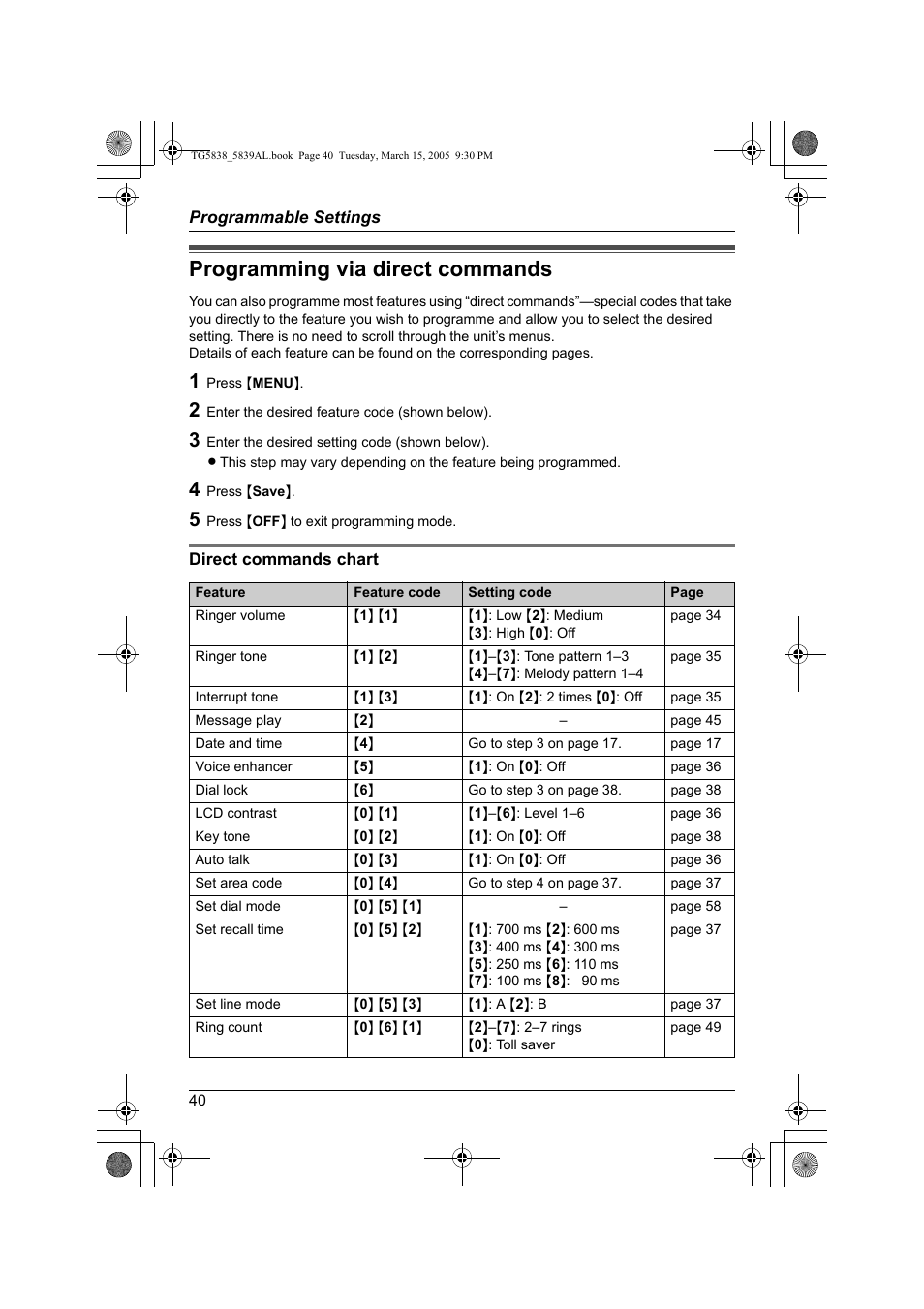 Programming via direct commands | Panasonic KX-TG5839AL User Manual | Page 40 / 68