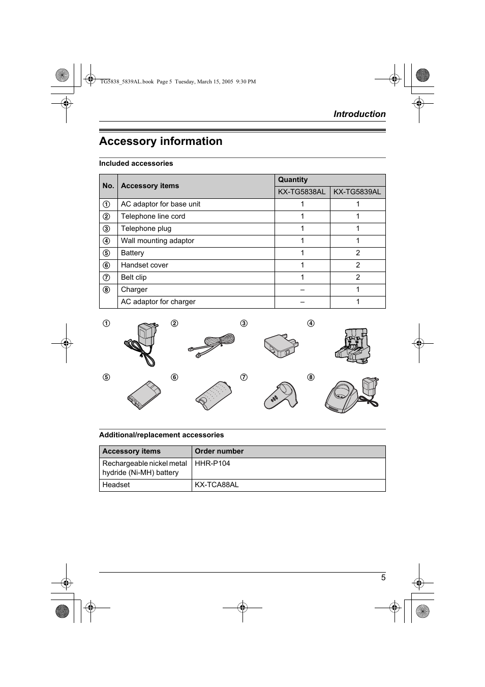 Accessory information | Panasonic KX-TG5839AL User Manual | Page 5 / 68