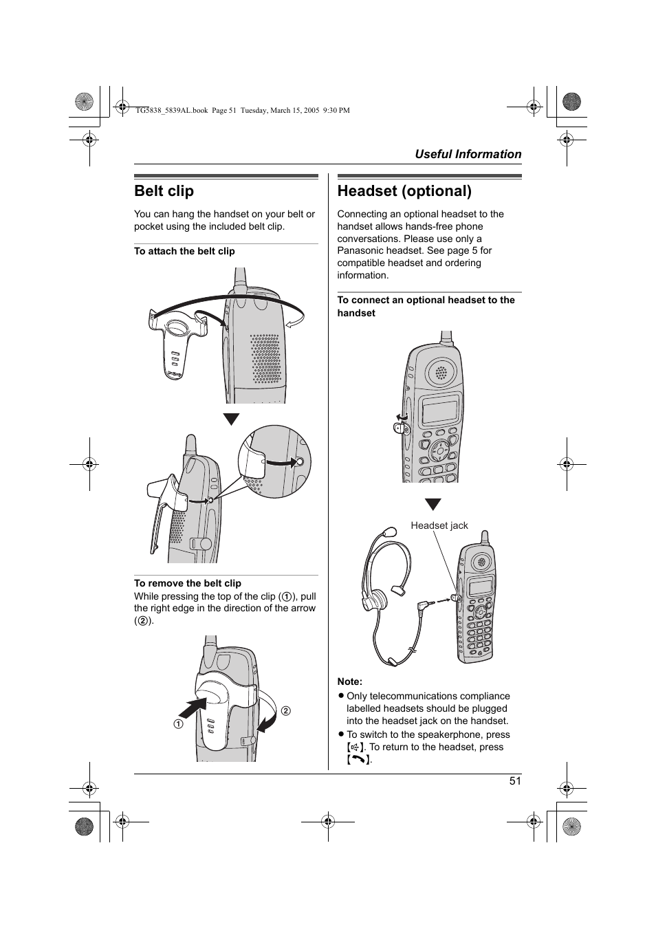 Belt clip, Headset (optional) | Panasonic KX-TG5839AL User Manual | Page 51 / 68