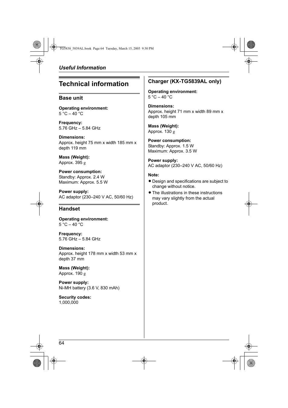 Technical information | Panasonic KX-TG5839AL User Manual | Page 64 / 68