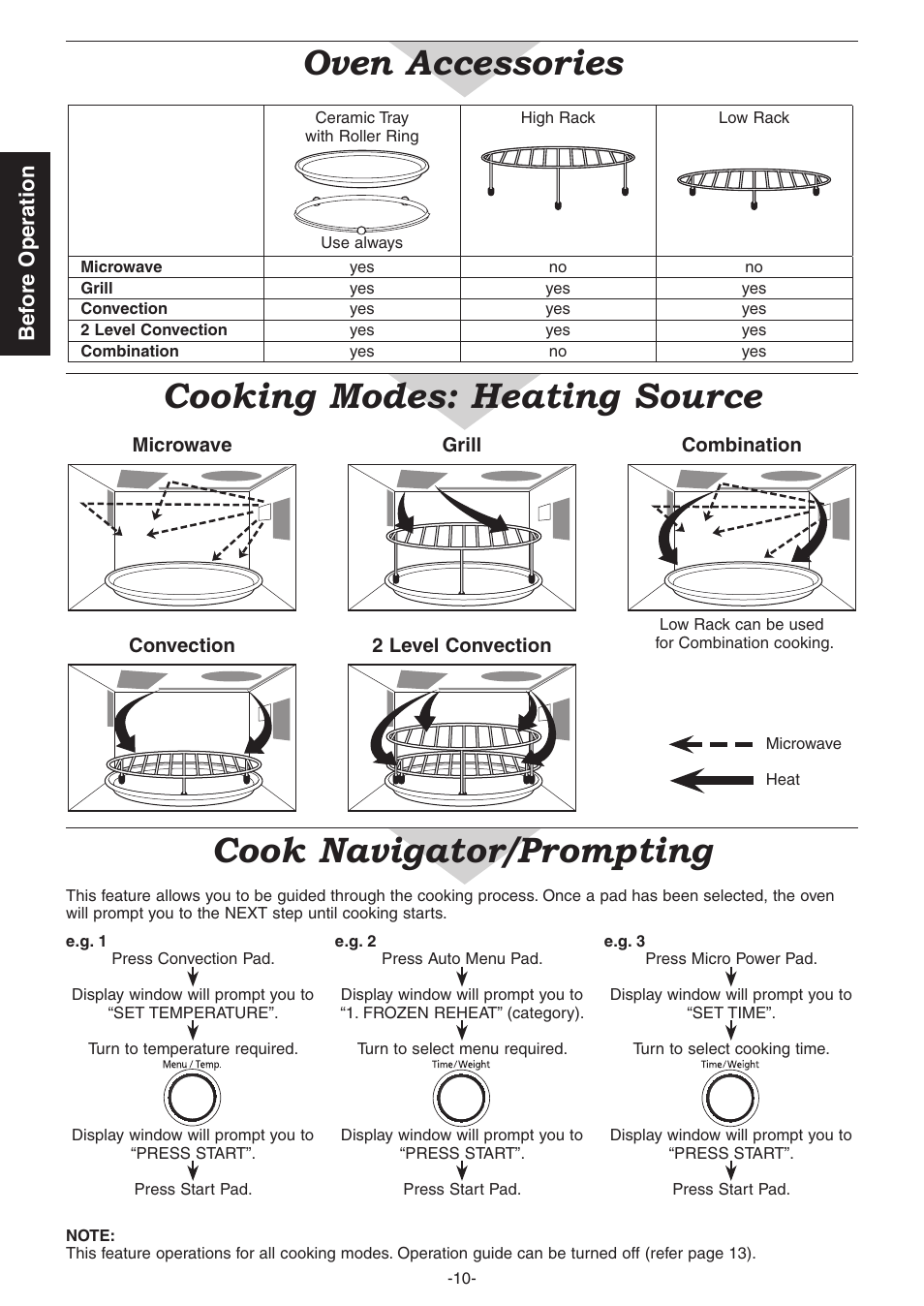 Oven accessories, Cook navigator/prompting, Cooking modes: heating source | Bef ore operation | Panasonic NN-CD987W User Manual | Page 12 / 35