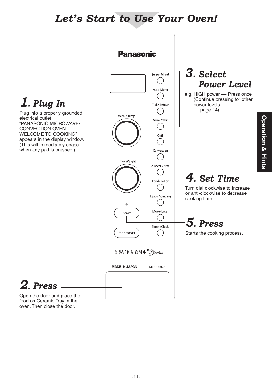 Let’s start to use your oven, Plug in, Press | Set time, Select power level | Panasonic NN-CD987W User Manual | Page 13 / 35