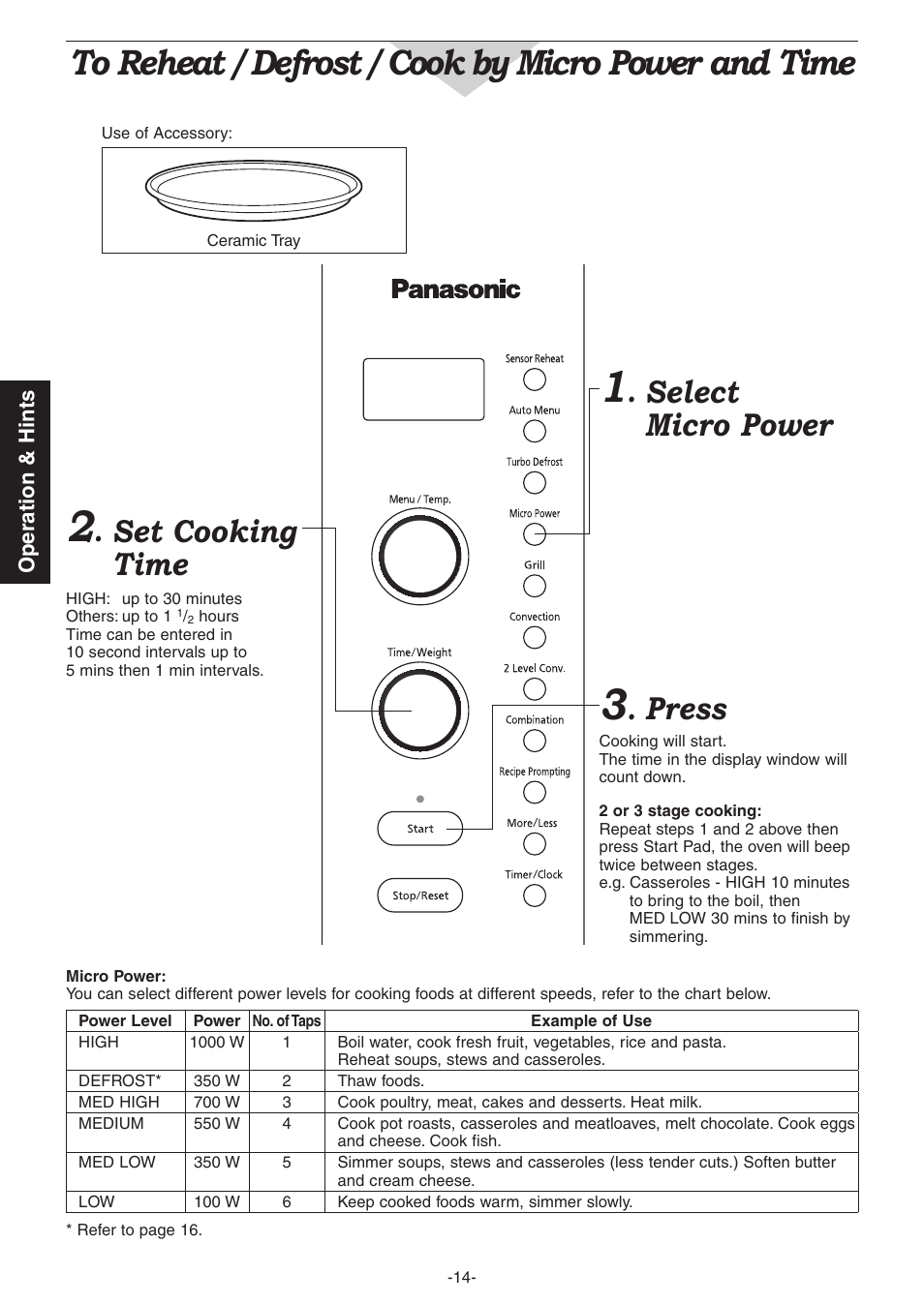 Select micro power, Press, Set cooking time | Panasonic NN-CD987W User Manual | Page 16 / 35