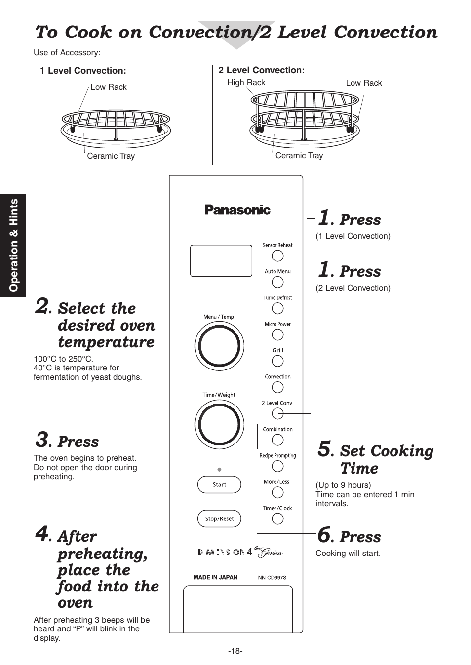 Select the desired oven temperature, Press, Set cooking time | After preheating, place the food into the oven | Panasonic NN-CD987W User Manual | Page 20 / 35