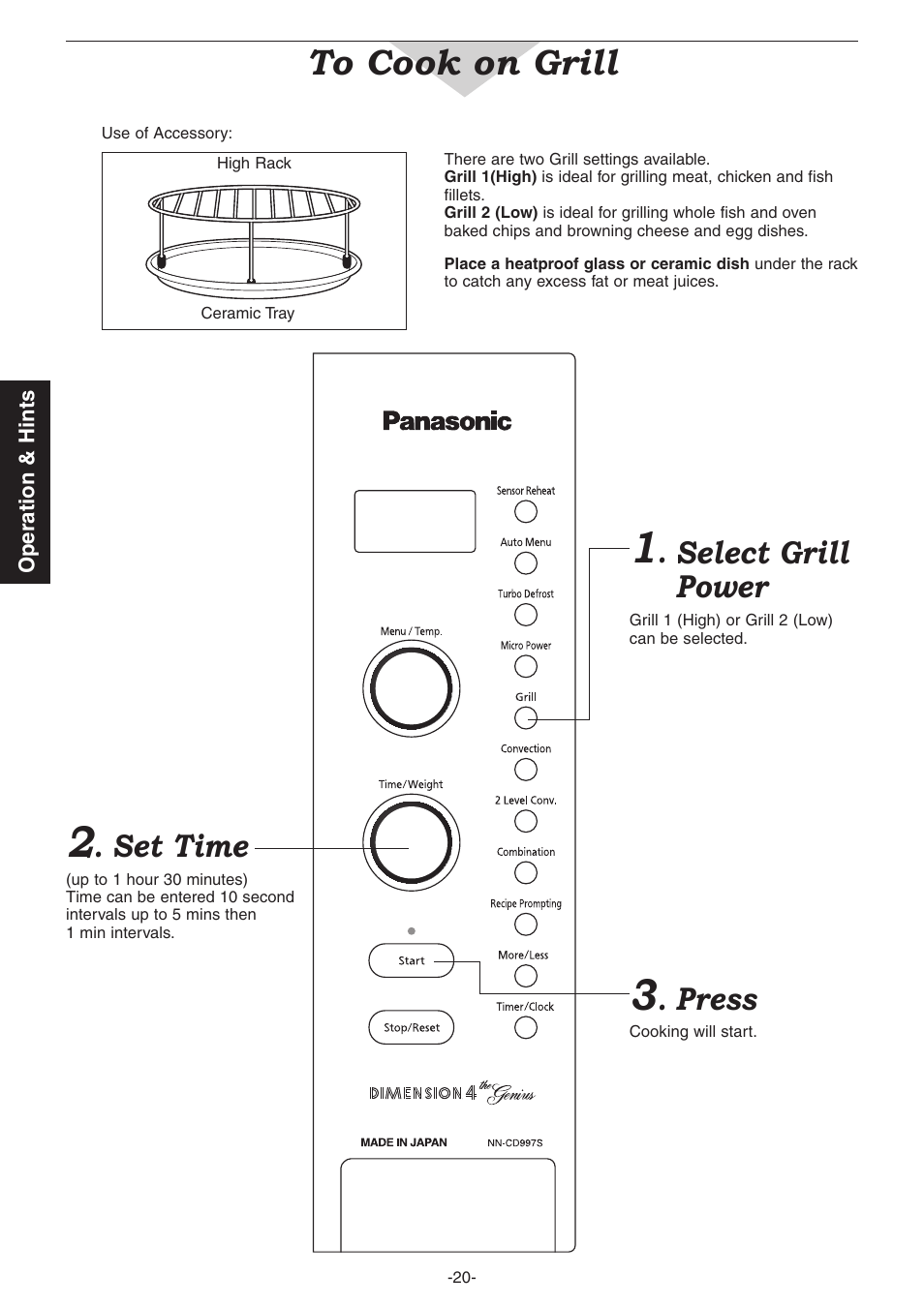 Select grill power, Set time, Press | Panasonic NN-CD987W User Manual | Page 22 / 35