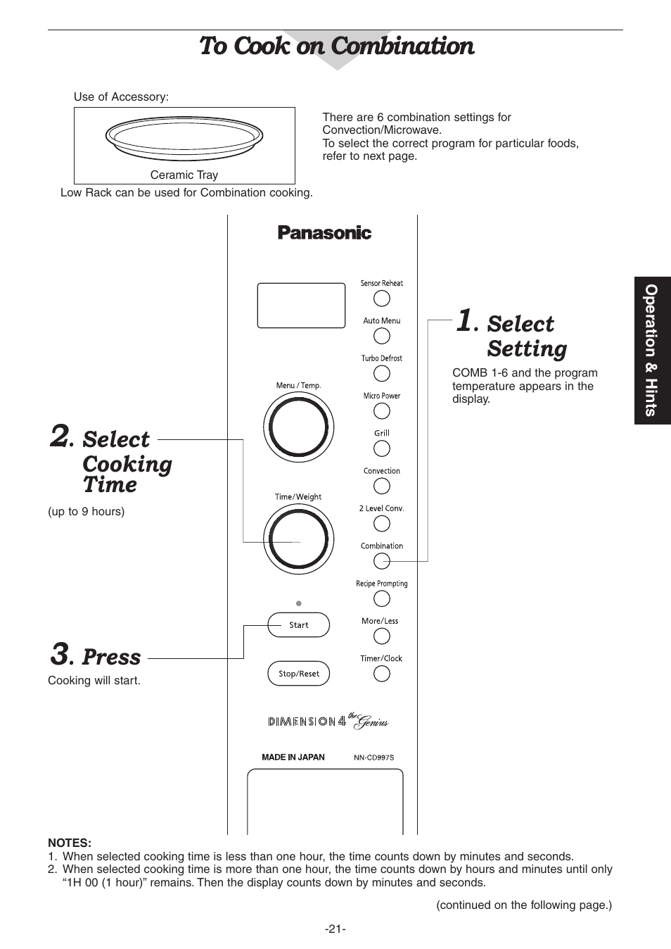 Select setting, Press, Select cooking time | Panasonic NN-CD987W User Manual | Page 23 / 35