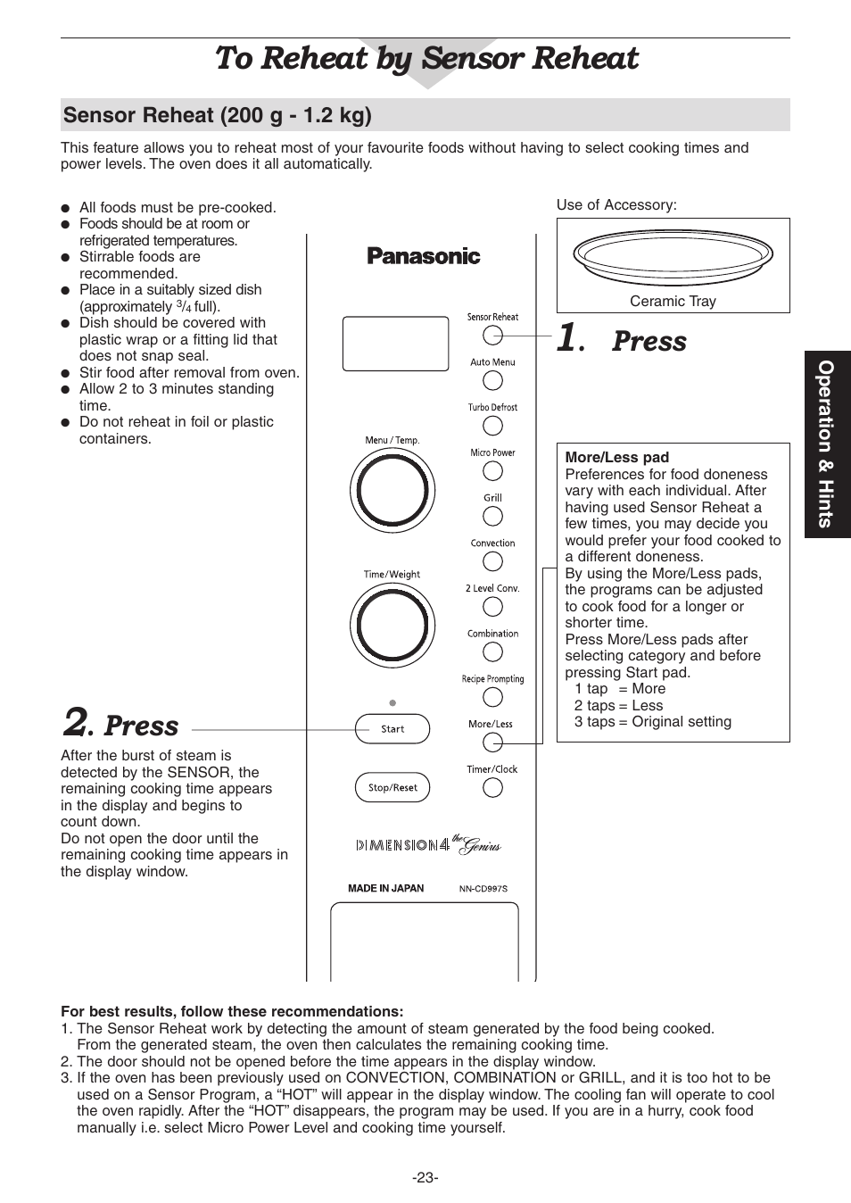 Press, Operation & hints | Panasonic NN-CD987W User Manual | Page 25 / 35