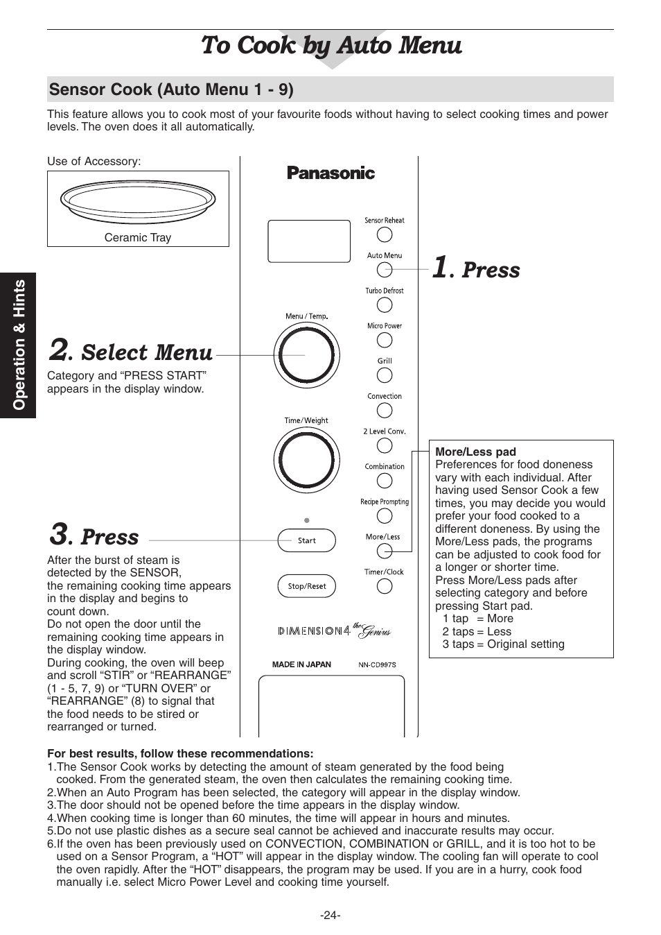 Press, Select menu, Sensor cook (auto menu 1 - 9) | Panasonic NN-CD987W User Manual | Page 26 / 35