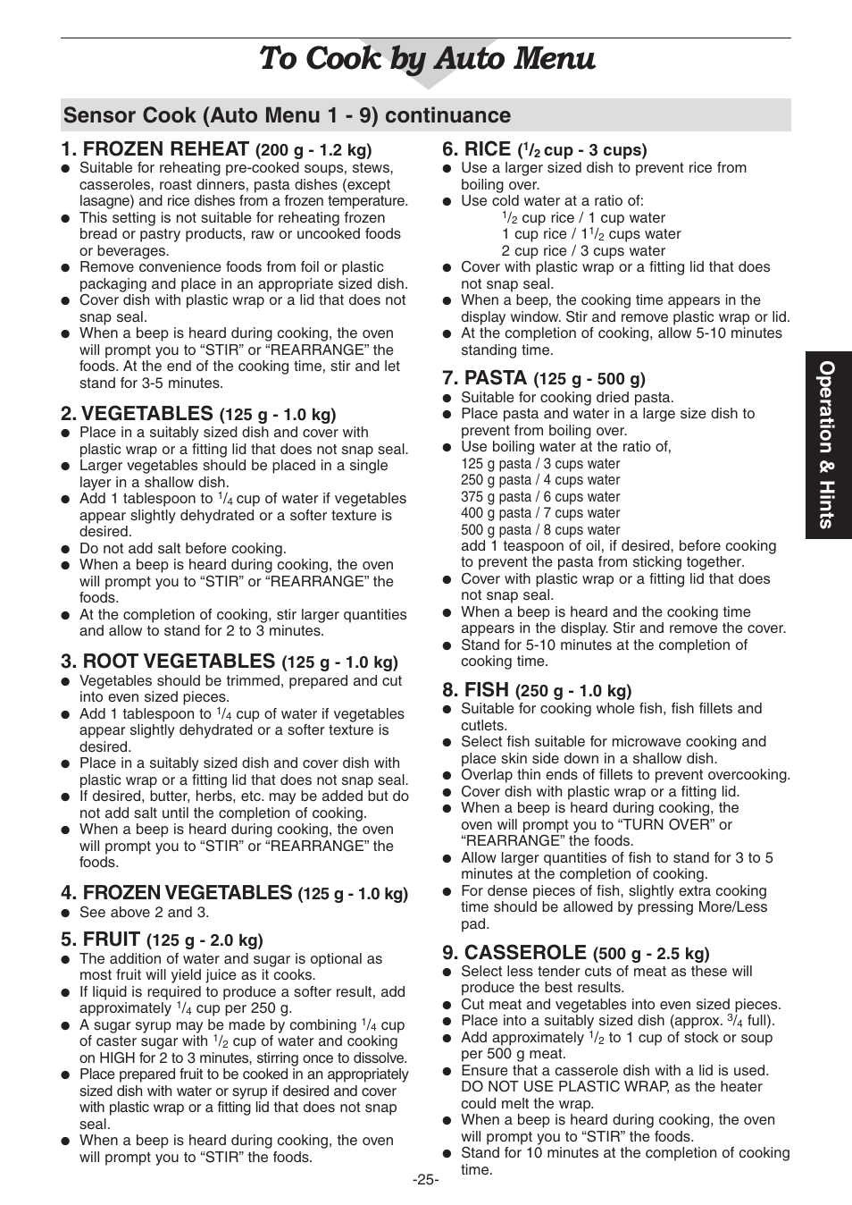 Sensor cook (auto menu 1 - 9) continuance, Operation & hints 1. frozen reheat, Vegetables | Root vegetables, Frozen vegetables, Fruit, Rice, Pasta, Fish, Casserole | Panasonic NN-CD987W User Manual | Page 27 / 35