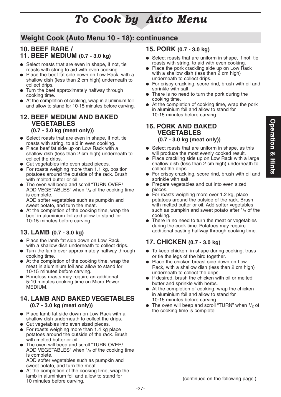 Weight cook (auto menu 10 - 18): continuance, Operation & hints 15. pork, Pork and baked vegetables | Chicken, Beef rare / 11. beef medium, Beef medium and baked vegetables, Lamb, Lamb and baked vegetables | Panasonic NN-CD987W User Manual | Page 29 / 35