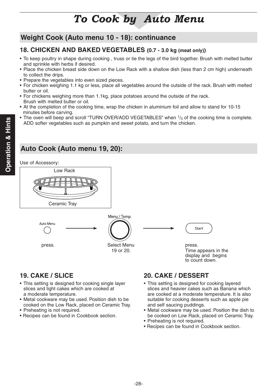 Operation & hints, Cake / slice, Cake / dessert | Chicken and baked vegetables | Panasonic NN-CD987W User Manual | Page 30 / 35