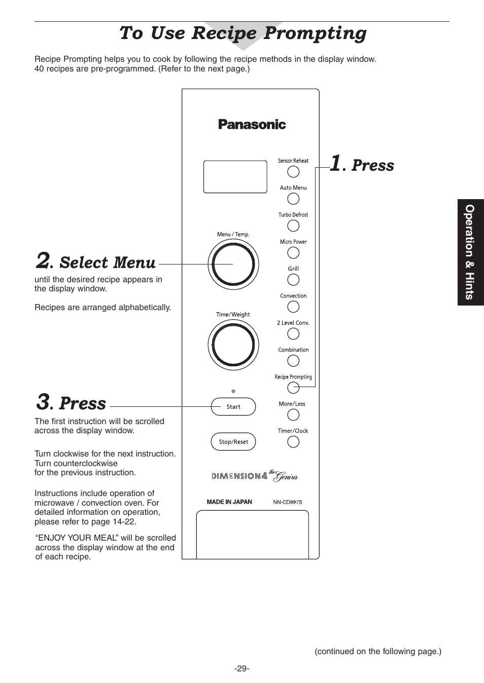 Select menu, Press | Panasonic NN-CD987W User Manual | Page 31 / 35