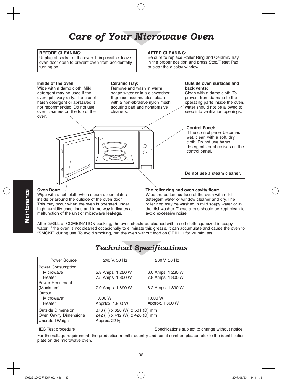 Care of your microwave oven, Technical specifications, Maintenance | Panasonic NN-CD987W User Manual | Page 34 / 35